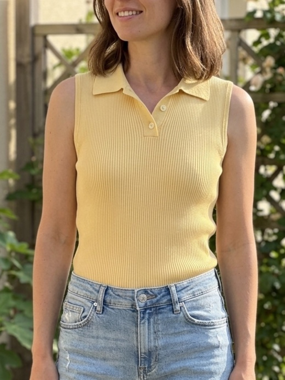 Vintage Rino Rossi Sleeveless Ribbed Knit Polo Top Medium Butter Yellow Cotton